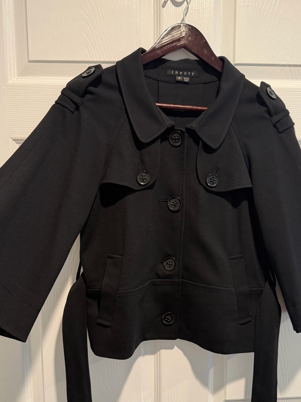 Theory Black Cropped Trench Coat with Belt